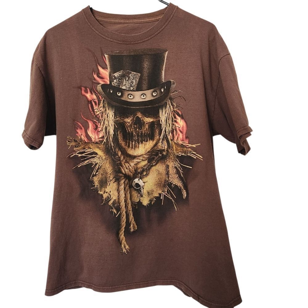 Unbranded Mens Brown Skull With Top Hat Graphic T-Shirt